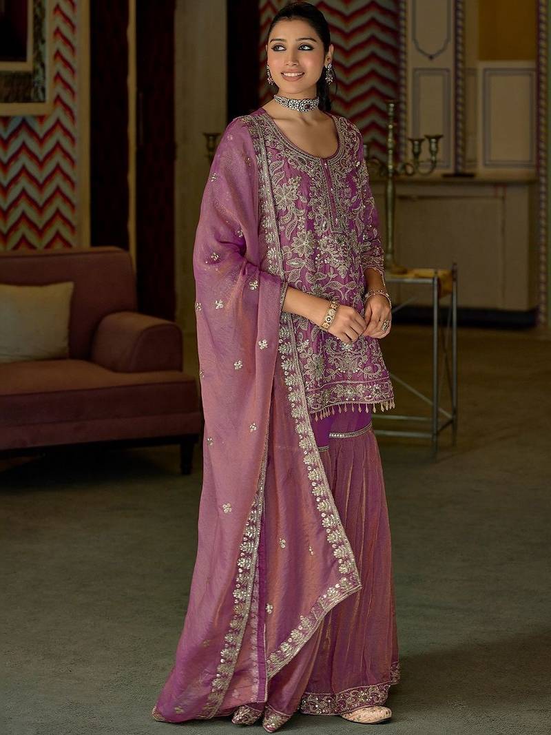 Women Ethnic Motifs Embroidered Regular Thread Work Kurta with Sharara & With Dupatta