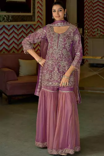 Women Ethnic Motifs Embroidered Regular Thread Work Kurta with Sharara & With Dupatta