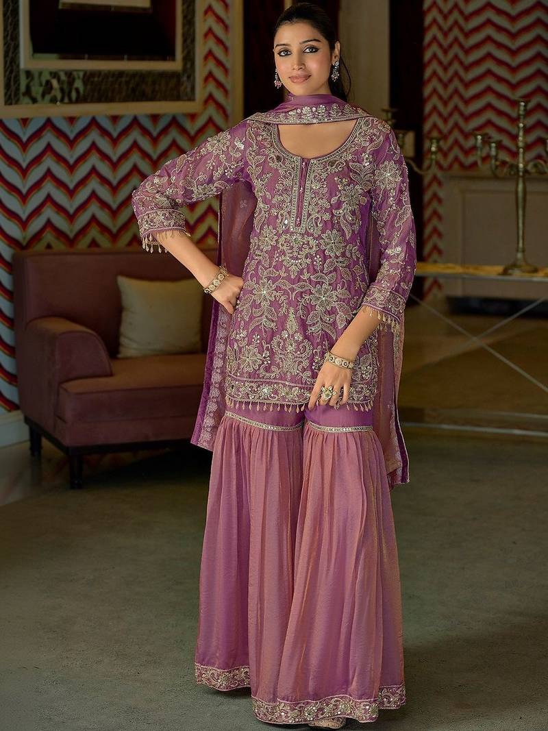 Women Ethnic Motifs Embroidered Regular Thread Work Kurta with Sharara & With Dupatta