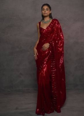 Red Color Embroidery And Sequance Work Faux Georgette saree 1