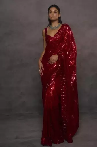 Red Color Embroidery And Sequance Work Faux Georgette saree