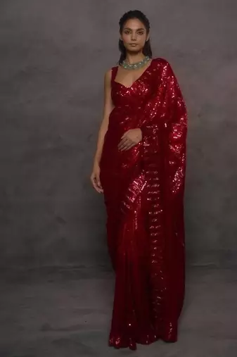Red Color Embroidery And Sequance Work Faux Georgette saree