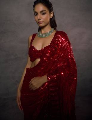 Red Color Embroidery And Sequance Work Faux Georgette saree 3