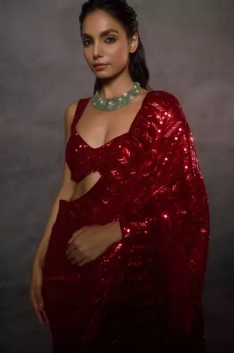 Red Color Embroidery And Sequance Work Faux Georgette saree