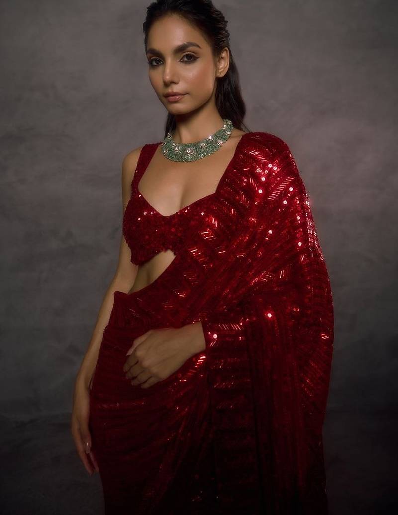 Red Color Embroidery And Sequance Work Faux Georgette saree