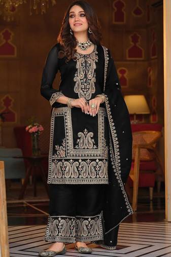 Women Ethnic Motifs Embroidered Regular Thread Work Kurta with Palazzos & With Dupatta