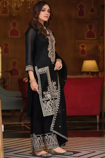 Women Ethnic Motifs Embroidered Regular Thread Work Kurta with Palazzos & With Dupatta