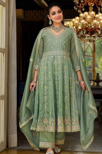 Green Embroidered Anarkali Kurta Trousers Dupatta Set