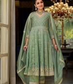 Green Embroidered Anarkali Kurta Trousers Dupatta Set
