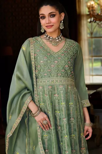 Green Embroidered Anarkali Kurta Trousers Dupatta Set