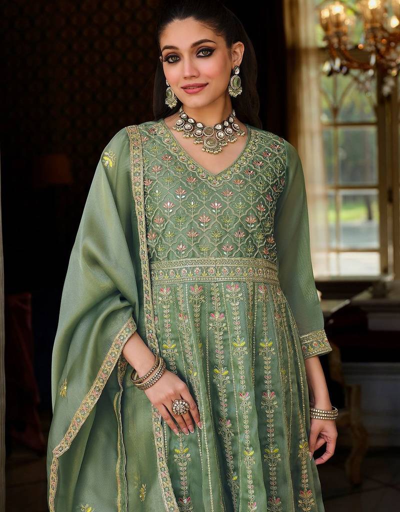 Green Embroidered Anarkali Kurta Trousers Dupatta Set