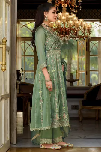 Green Embroidered Anarkali Kurta Trousers Dupatta Set