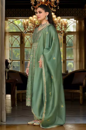 Green Embroidered Anarkali Kurta Trousers Dupatta Set