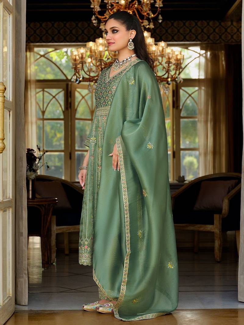 Green Embroidered Anarkali Kurta Trousers Dupatta Set