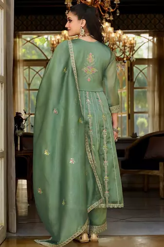Green Embroidered Anarkali Kurta Trousers Dupatta Set