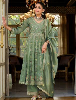 Green Embroidered Anarkali Kurta Trousers Dupatta Set 6
