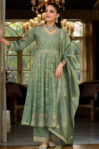 Green Embroidered Anarkali Kurta Trousers Dupatta Set
