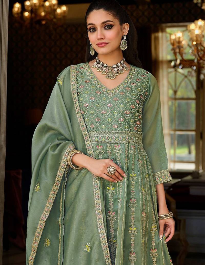 Green Embroidered Anarkali Kurta Trousers Dupatta Set