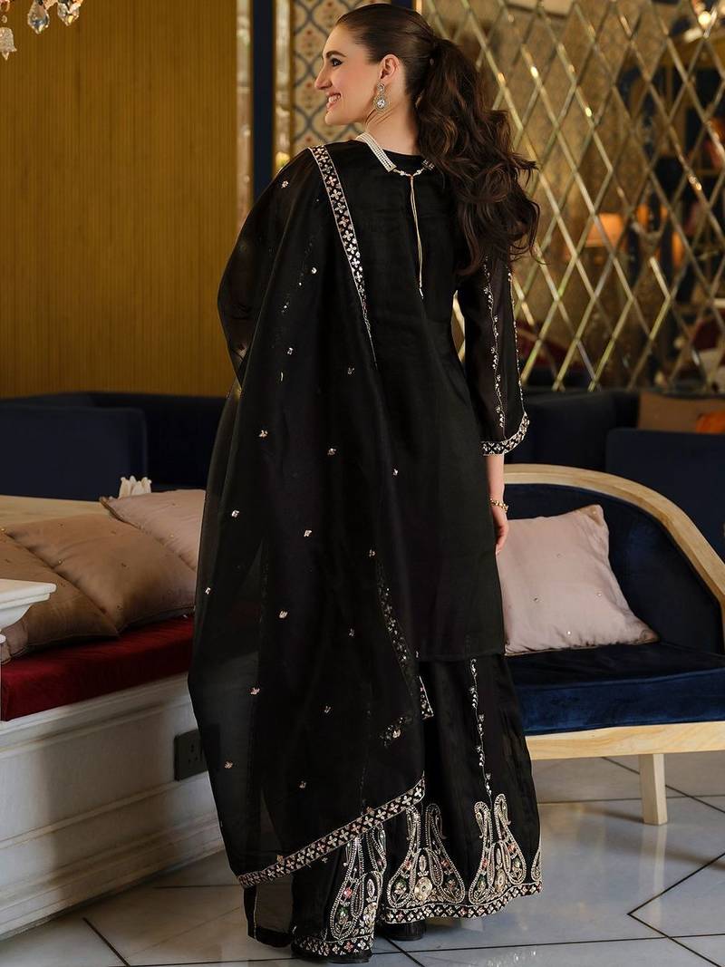 Women Ethnic Motifs Embroidered Regular Thread Work Kurta with Sharara & With Dupatta