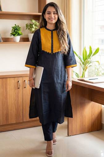 Black Solid A-line Kurta Trousers Set
