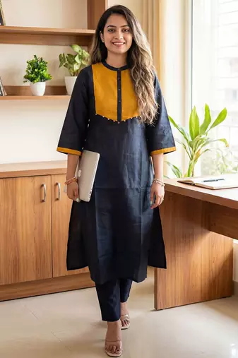 Black Solid A-line Kurta Trousers Set