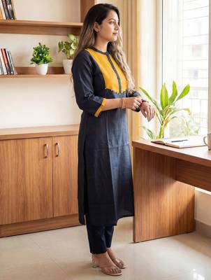 Black Solid A-line Kurta Trousers Set 3