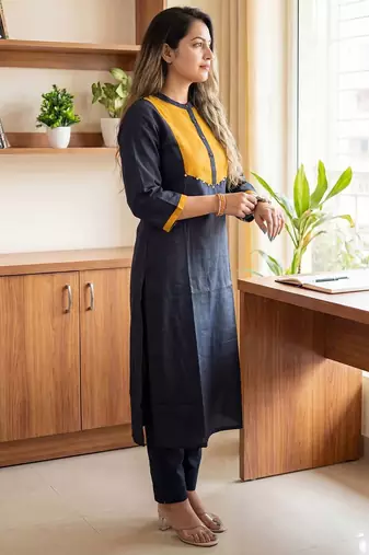 Black Solid A-line Kurta Trousers Set