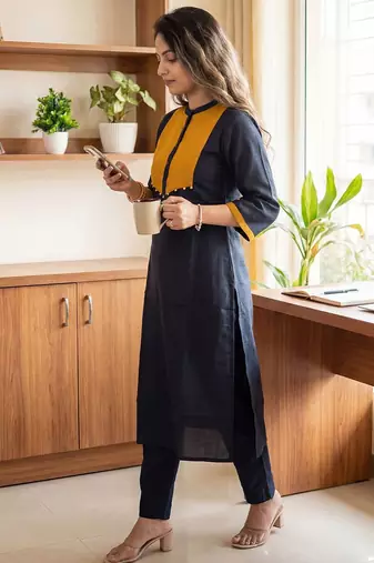 Black Solid A-line Kurta Trousers Set