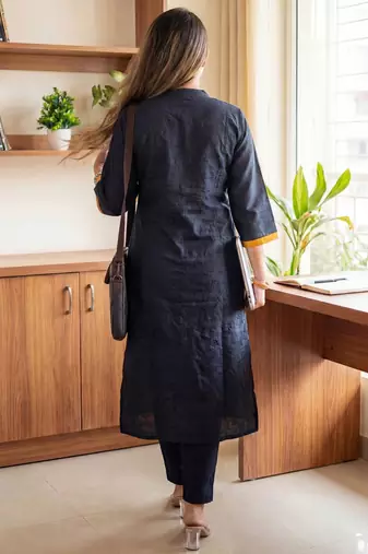 Black Solid A-line Kurta Trousers Set