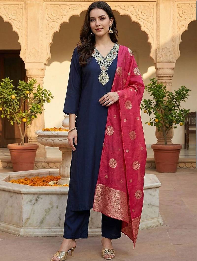 Women Ethnic Motifs Embroidered Regular Thread Work Kurta with Trousers & Dupatta