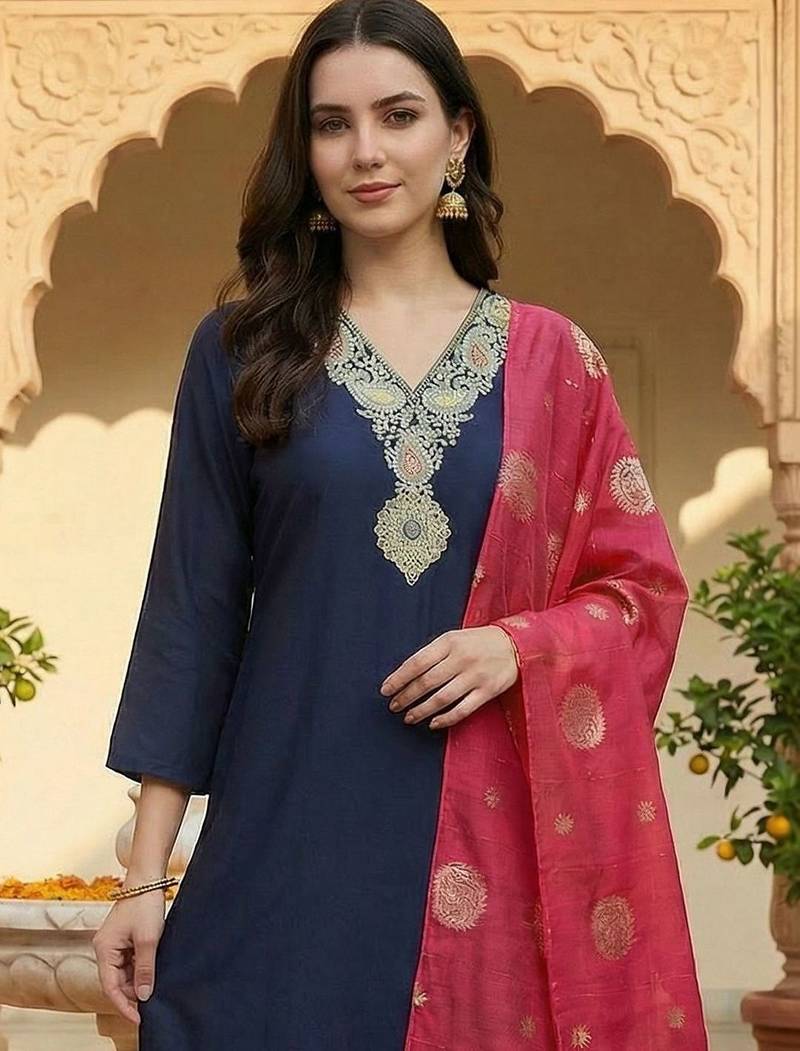 Women Ethnic Motifs Embroidered Regular Thread Work Kurta with Trousers & Dupatta