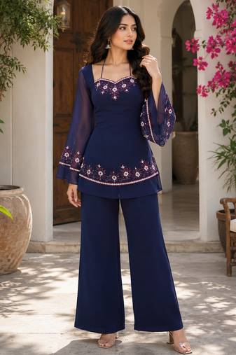 Women's Beautiful Thread Work Fendy Satin Fabric Straight Kurta Palazzo Set