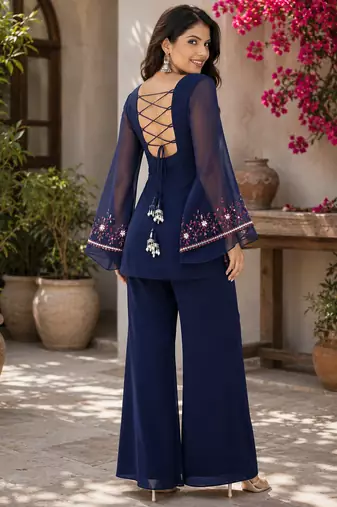 Women's Beautiful Thread Work Fendy Satin Fabric Straight Kurta Palazzo Set