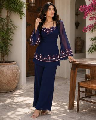 Women's Beautiful Thread Work Fendy Satin Fabric Straight Kurta Palazzo Set 5