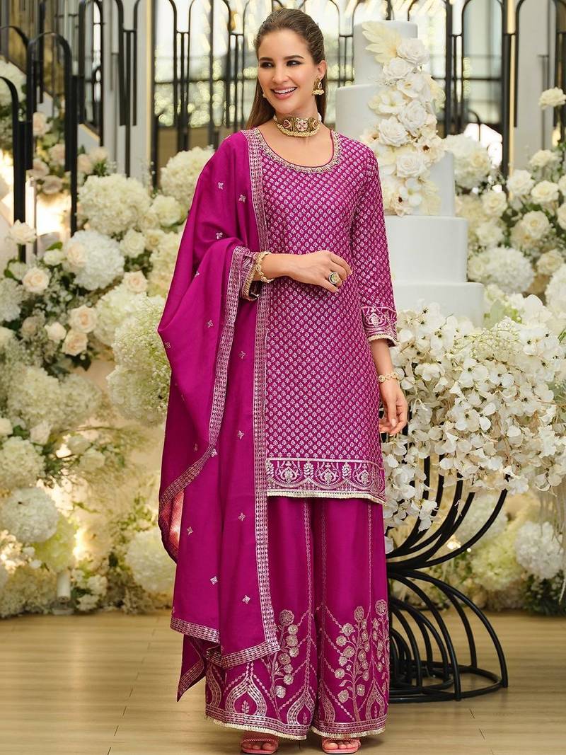 Women Regular Thread Work Kurta with Palazzos & With Dupatta