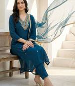 Teal Embroidered Straight Kurta Trousers Dupatta Set Kurta Sets