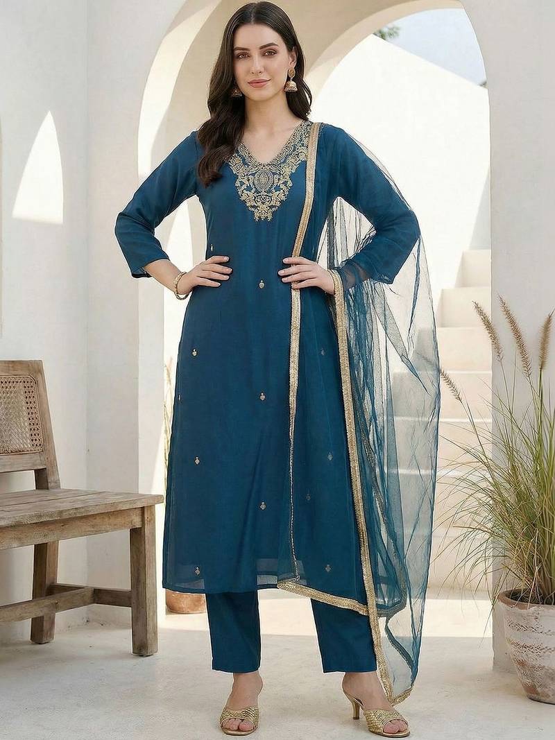 Teal Embroidered Straight Kurta Trousers Dupatta Set Kurta Sets
