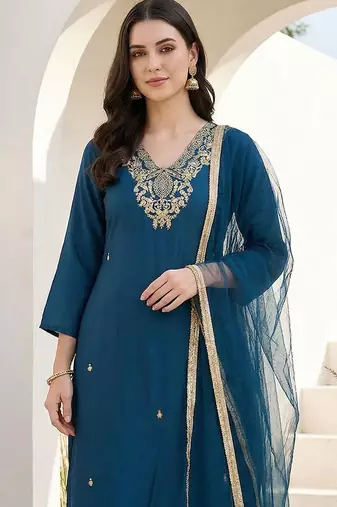 Teal Embroidered Straight Kurta Trousers Dupatta Set Kurta Sets