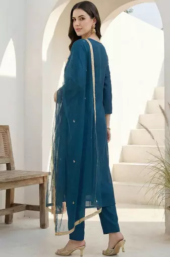Teal Embroidered Straight Kurta Trousers Dupatta Set Kurta Sets