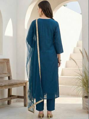 Teal Embroidered Straight Kurta Trousers Dupatta Set Kurta Sets 5