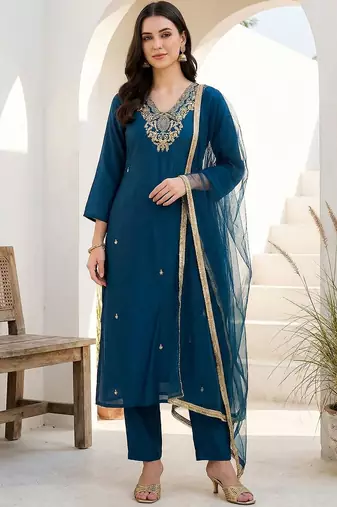 Teal Embroidered Straight Kurta Trousers Dupatta Set Kurta Sets