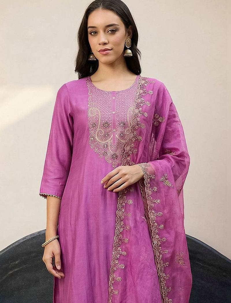 Ethnic Motifs Embroidered Regular Thread Work Kurta with Trousers & With Dupatta