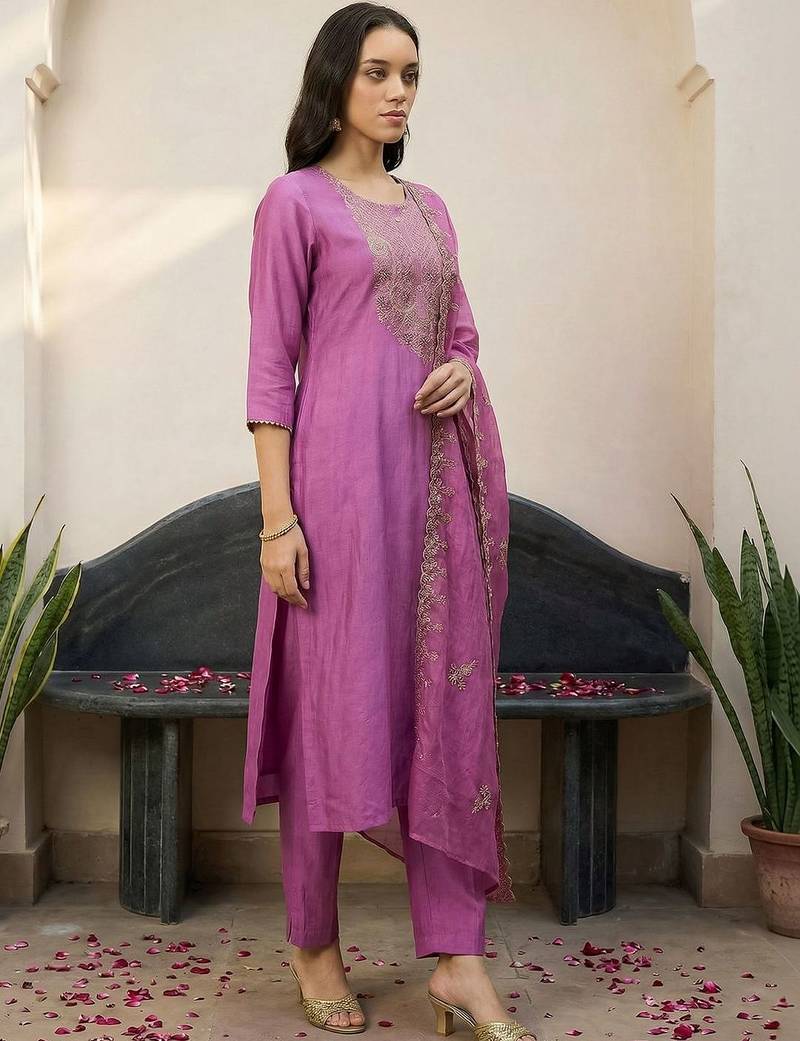 Ethnic Motifs Embroidered Regular Thread Work Kurta with Trousers & With Dupatta