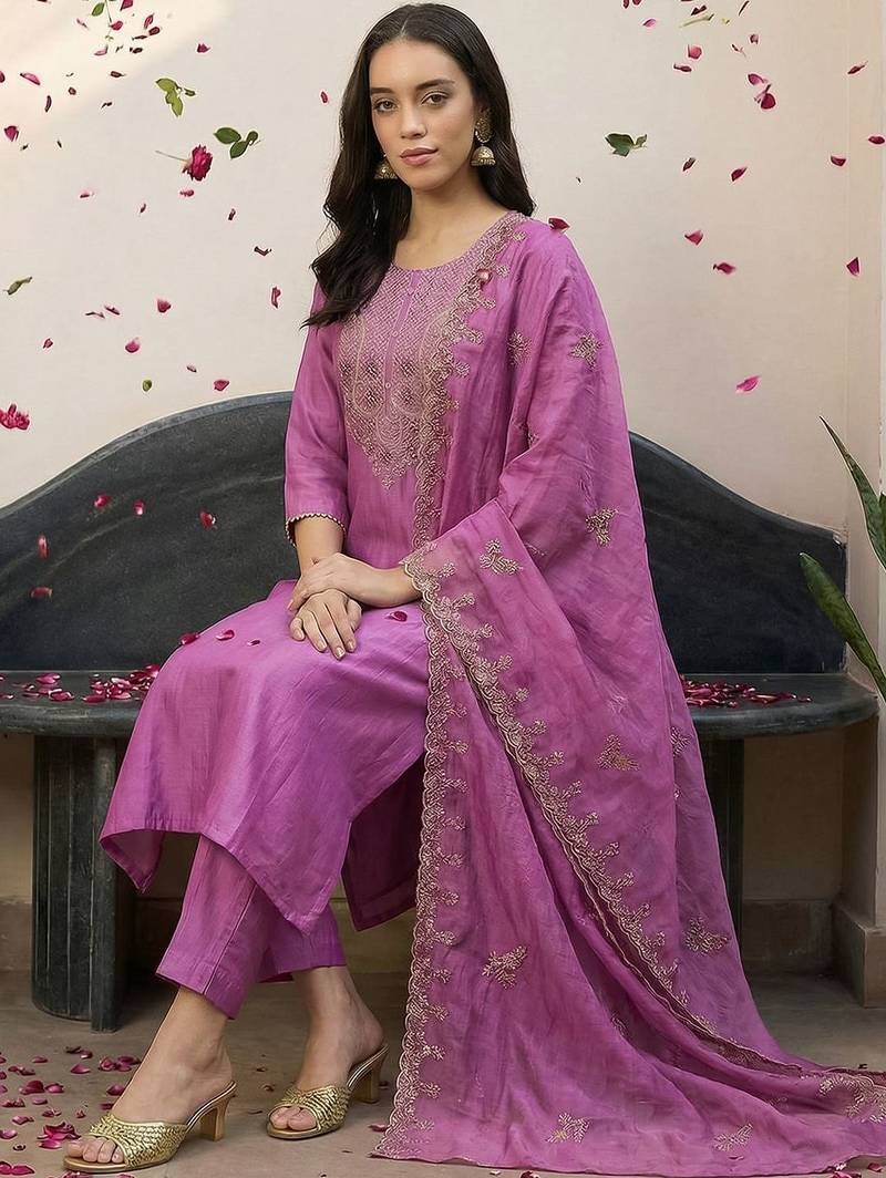 Ethnic Motifs Embroidered Regular Thread Work Kurta with Trousers & With Dupatta
