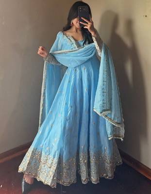 Blue fendy silk blend embroidered gown set with dupatta 1