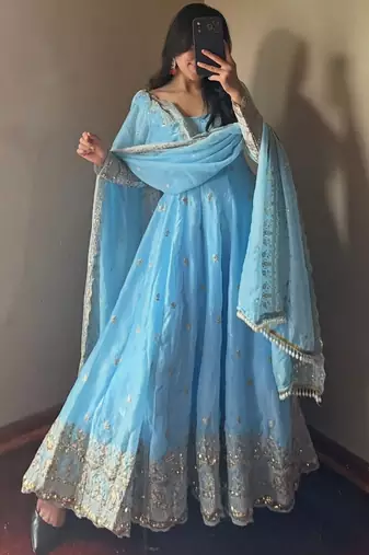 Blue fendy silk blend embroidered gown set with dupatta