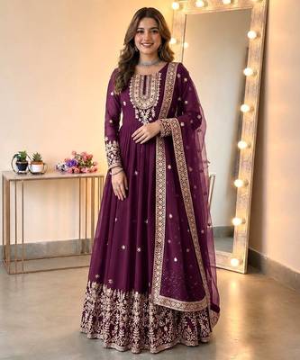 Purple georgette embroidered gown set with dupatta 1