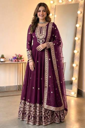 Purple georgette embroidered gown set with dupatta