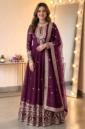 Purple georgette embroidered gown set with dupatta