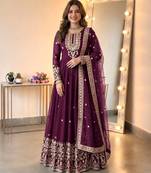 Purple georgette embroidered gown set with dupatta